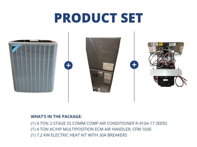 4 Ton 2-Stg Comm Comp AC 17 SEER2, 4 Ton ECM Multiposition Air Handler and 7.2 kW Heat w/30A Breaker