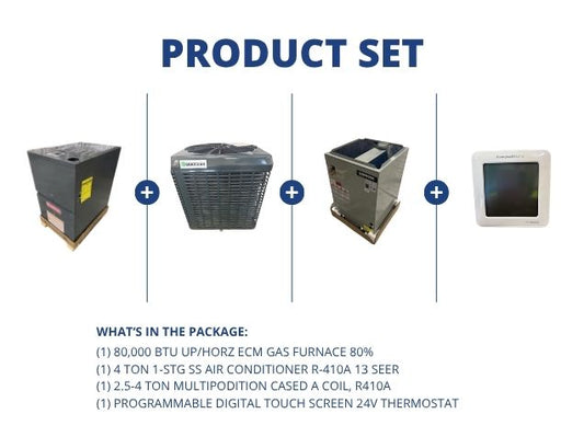 80,000 BTU Up/Horz ECM Gas Furnace 80%, 4 Ton SS AC 13 SEER, 2.5-4 Ton Multi Coil and 24V Thermostat