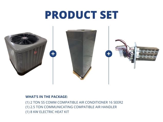 2 Ton SS Comm Compatible AC 16 SEER2, 2.5 Ton Comm Compatible Air Handler and 8 kW Electric Heat Kit