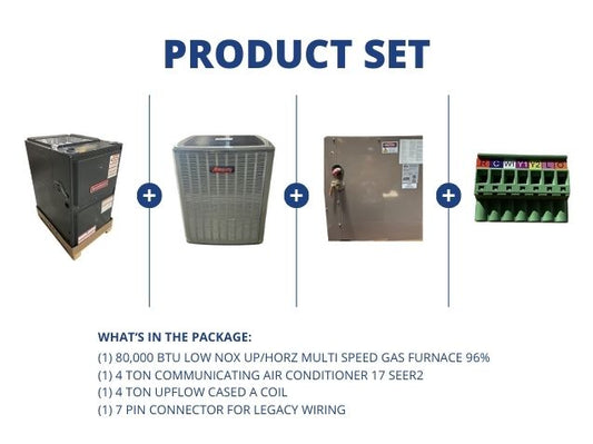 80,000 BTU Low NOx Up/Horz ECM Gas Furnace 96%, 4 Ton SS Comm AC 17 SEER2, 4 Ton Upflow Cased A Coil