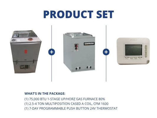 75,000 BTU 1-Stage Up/Horz Gas Furnace 80%, 2.5-4 Ton Multiposition Cased A Coil with 24V Thermostat