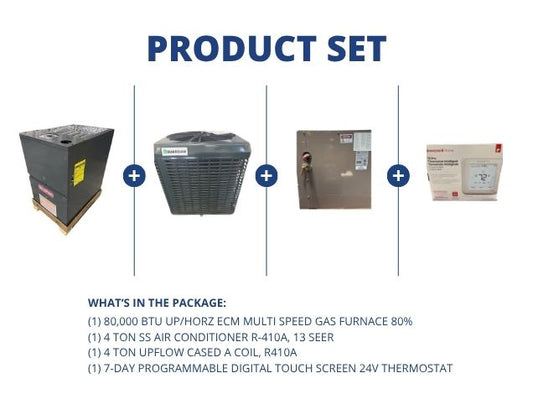 80,000 BTU Up/Horz ECM Gas Furnace 80%, 4 Ton SS AC 13 SEER, 4 Ton Upflow A Coil and 24V Thermostat