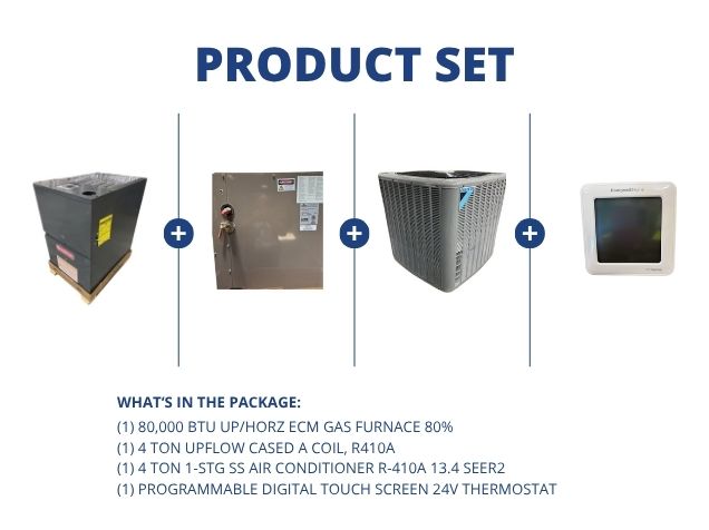 80,000 BTU Up/Horz ECM Gas Furnace 80%, 4 Ton SS AC 13.4 SEER2, 4 Ton Upflow Coil and 24V Thermostat