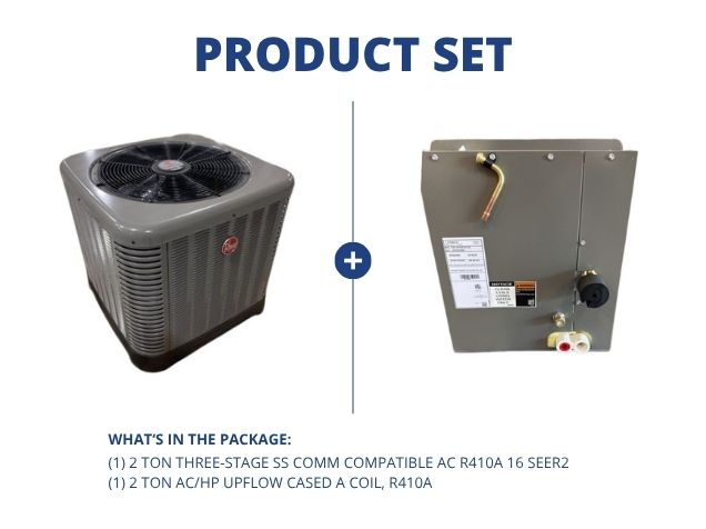 2 Ton Three-Stage SS Comm Compatible AC R410A 16 SEER2 and 2 Ton AC/HP Upflow Cased A Coil, R410A