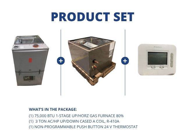 75,000 BTU 1-Stage Up/Horz ECM Gas Furnace 80%, 3 Ton AC/HP Up/Down Cased A Coil with 24V Thermostat
