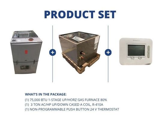 75,000 BTU 1-Stage Up/Horz ECM Gas Furnace 80%, 3 Ton AC/HP Up/Down Cased A Coil with 24V Thermostat