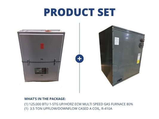 125,000 BTU 1-Stg Up/Horz ECM Multi Speed Gas Furnace 80% with 3.5 Ton Up/Down Cased A Coil, R-410A
