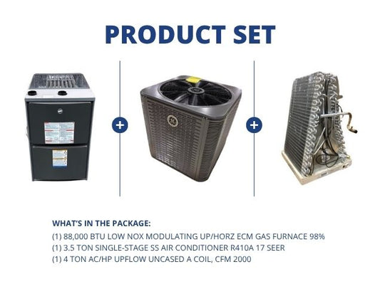 88,000 BTU Low NOx Mod Up/Horz Gas Furnace 98%, 3.5 Ton AC R410A 17 SEER and 4 Ton Up Uncased A Coil