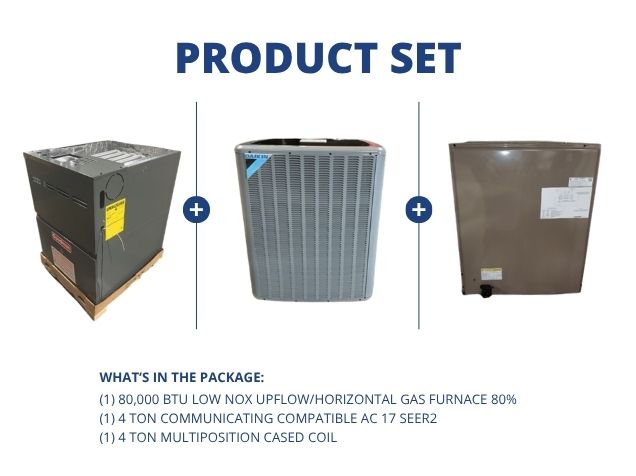 80,000 BTU Low Nox Up/Horz Gas Furnace 80%, 4 Ton Comm Comp AC 17 SEER2 with 4 Ton Multi Cased Coil