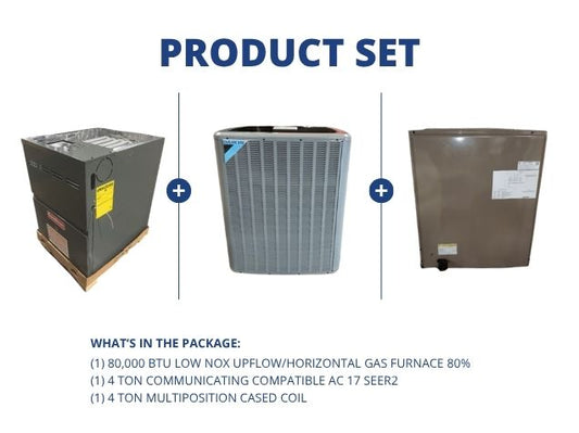 80,000 BTU Low Nox Up/Horz Gas Furnace 80%, 4 Ton Comm Comp AC 17 SEER2 with 4 Ton Multi Cased Coil
