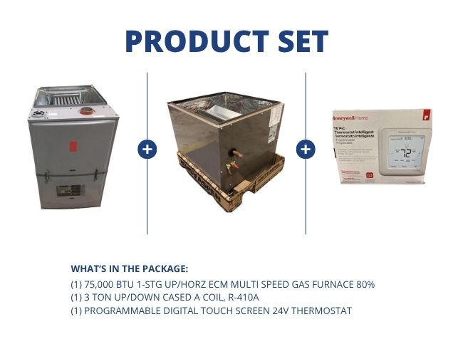 75,000 BTU 1-Stg Up/Horz Multi Speed Gas Furnace 80%, 3 Ton Up/Down Cased A Coil with 24V Thermostat