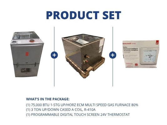 75,000 BTU 1-Stg Up/Horz Multi Speed Gas Furnace 80%, 3 Ton Up/Down Cased A Coil with 24V Thermostat