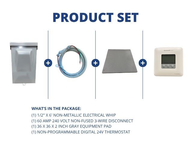 1/2" X 6' Electrical Whip with 60A 240V 3-Wire Disconnect and Gray Equipment Pad, and 24V Thermostat