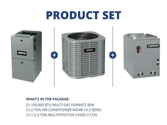 100,000 BTU Multi Gas Furnace 80%, 2 Ton AC R454B 14.3 SEER2, 1.5-3 Ton Multiposition Cased A Coil