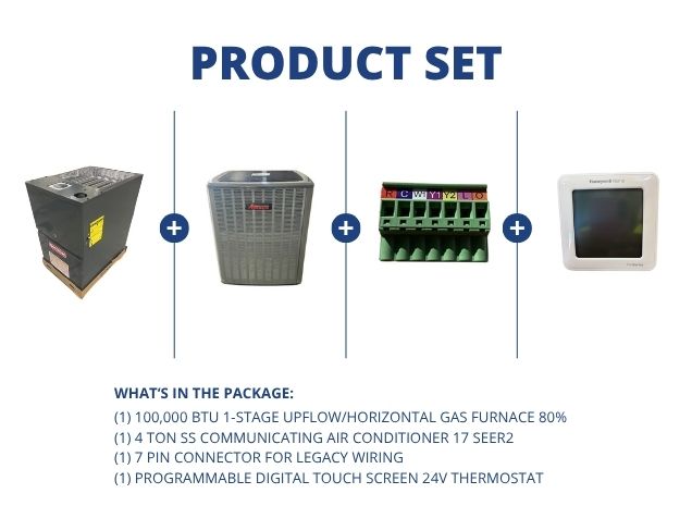 100,000 BTU Up/Horz Gas Furnace 80%, 4 Ton SS Comm AC 17 SEER2, 7 Pin Connector and 24V Thermostat
