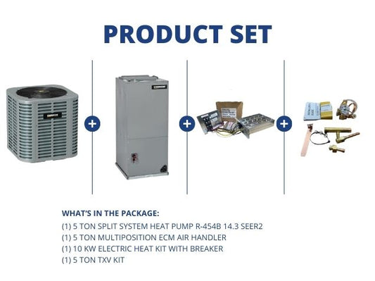 5 Ton SS HP R454B 14.3 SEER2, 5 Ton Multi Air Handler, 10KW Heat Kit with Breaker and 5 Ton TXV Kit