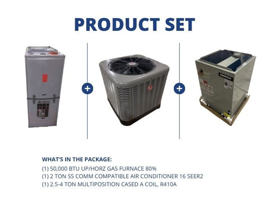 50,000 BTU Up/Horz Gas Furnace 80%, 2 Ton SS Comm Compatible AC 16 SEER2 with 2.5-4 Ton Multi A Coil