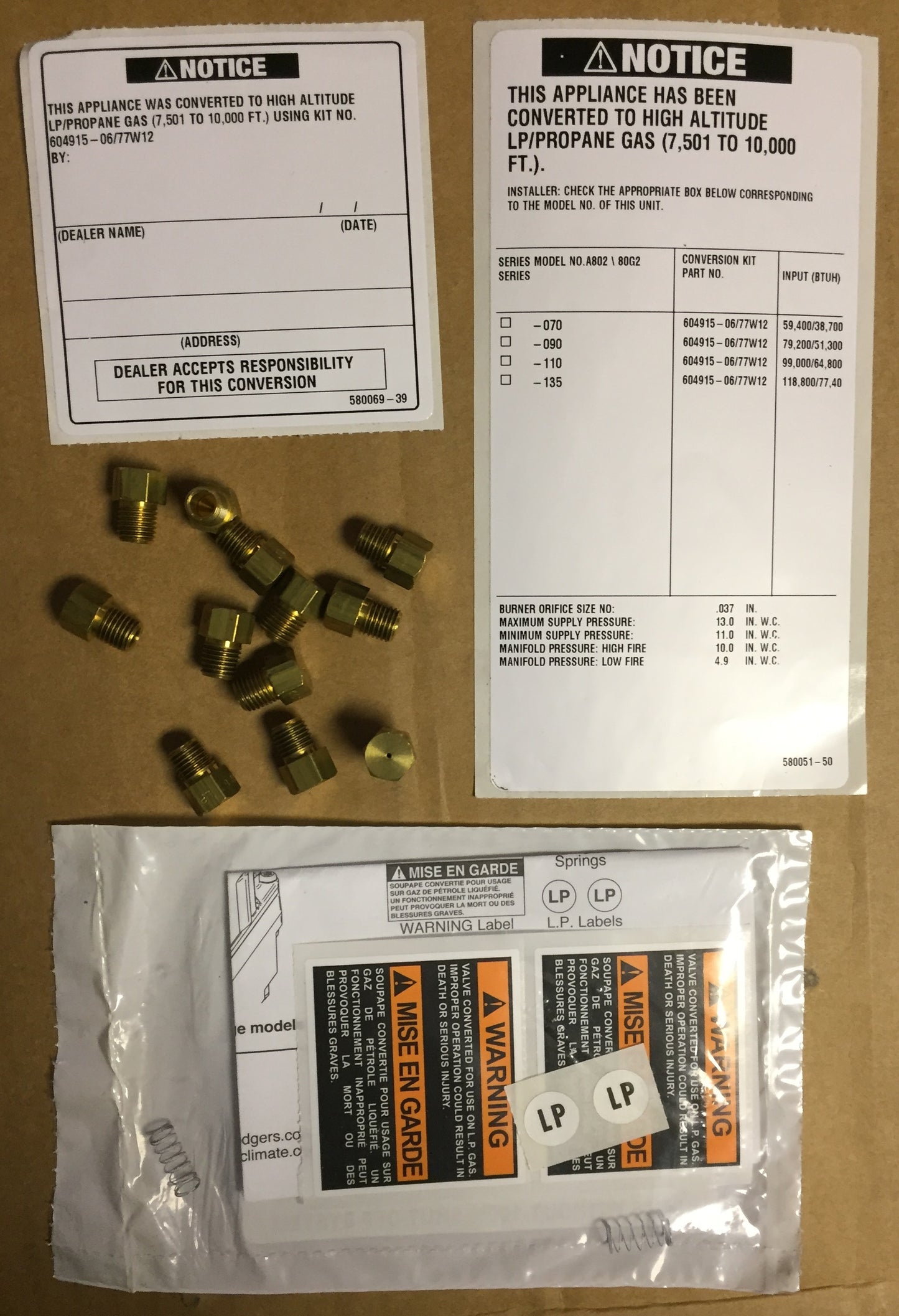 Propane High Altitude Conversion Kit