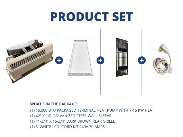 15,000 BTU Packaged Terminal HP W/ 7-15 KW Heat, R-410A, Wall Sleeve, Rear Grille with LCDI Cord Kit