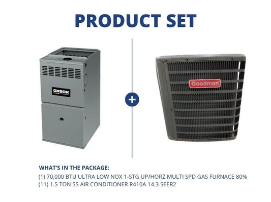 70,000 BTU Ultra Low NOx 1-Stg Up/Horz Multi Spd Gas Furnace 80% with 1.5 Ton SS AC R410A 14.3 SEER2