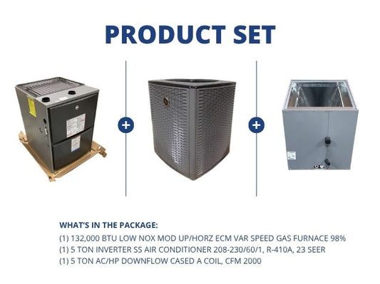 132,000 BTU Low NOx Up/Horz Gas Furnace 98%, 5 Ton Inverter SS AC 23 SEER, 5 Ton Downflow Cased Coil