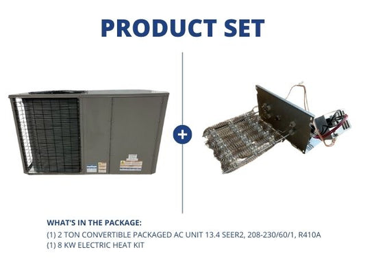2 Ton Convertible Packaged AC Unit 13.4 SEER2, 208-230/60/1, R410A and 8 KW Electric Heat Kit