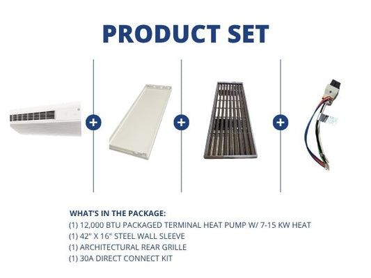 12,000 BTU Packaged Terminal HP W/7-15KW Heat, R-410A, Wall Sleeve, Rear Grille with 30A Connect Kit