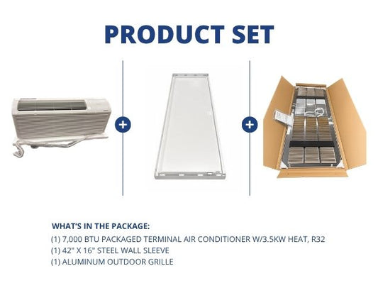 7,000 BTU Packaged Terminal AC W/3.5KW Heat, R32, 42"x16" Steel Wall Sleeve, Aluminum Outdoor Grille