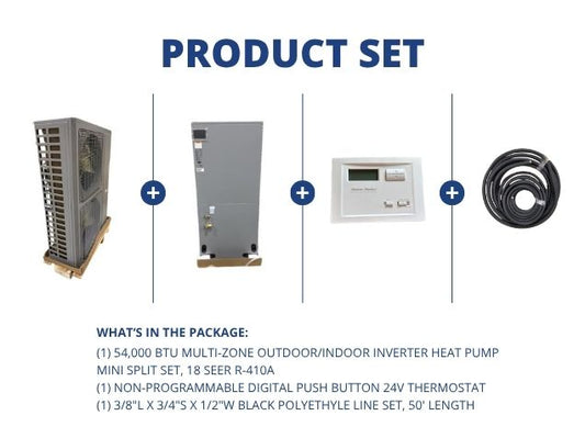 54,000 BTU Multi-Zone Inverter Heat Pump Mini Split Set, 18 SEER R-410A, 24V Thermostat and Line Set