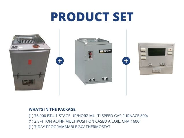 75,000 BTU 1-Stg Up/Horz Gas Furnace 80%, 2.5-4 Ton AC/HP Multiposition Cased A Coil, 24V Thermostat