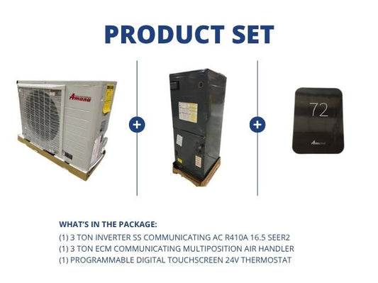 3 Ton Inverter Comm AC R410A 16.5 SEER2, 3 Ton ECM Comm Multiposition Air Handler,  24V Thermostat