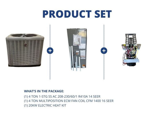 4 Ton Single-Stage SS Air Conditioner R-410A 14 SEER, 4 Ton Multiposition ECM Fan Coil and 20kW Heat