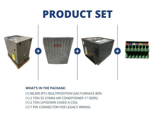88,000 BTU Multiposition Gas Furnace 80%, 2 Ton SS Comm AC 17 SEER2 with 2 Ton Up/Down Cased A Coil