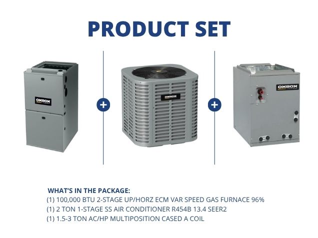100,000 BTU 2-Stg Up/Horz ECM Gas Furnace 96%, 2 Ton AC R454B 13.4 SEER2, 1.5-3 Ton Multi Cased Coil