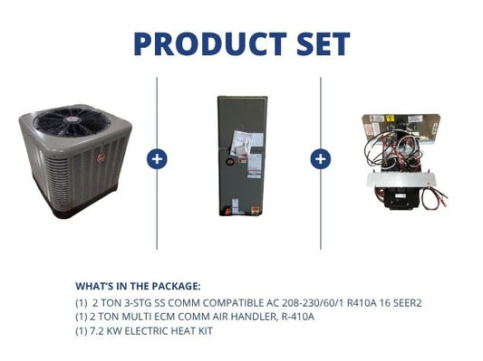 2 Ton SS Comm Compatible AC 16 SEER2, 2 Ton ECM Comm Air Handler R-410A and 7.2 kW Electric Heat Kit