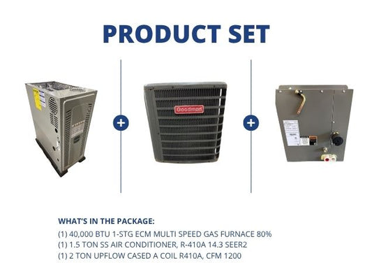 40,000 BTU ECM Multi Speed Gas Furnace 80%, 1.5 Ton SS AC 14.3 SEER2 with 2 Ton Upflow Cased A Coil