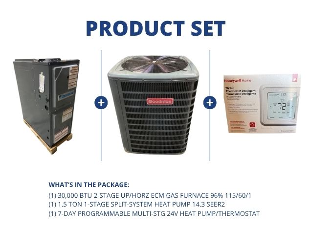30,000 BTU 2-Stg Up/Horz ECM Gas Furnace 96% with 1.5 Ton 1-Stg SS HP 14.3 SEER2 and 24V Thermostat