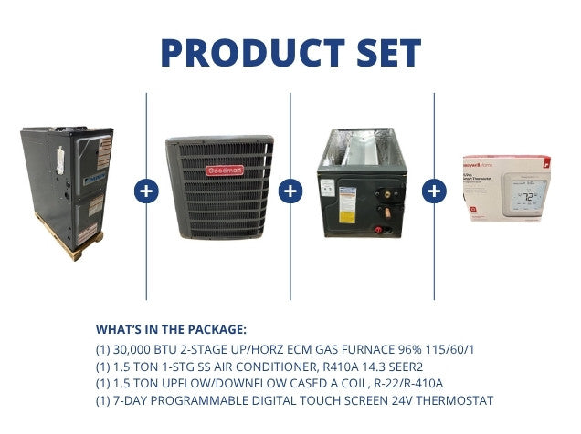 30,000 BTU Up/Horz ECM Gas Furnace 96% and 1.5 Ton SS AC and 1.5 Ton Up/Down Coil and 24V Thermostat