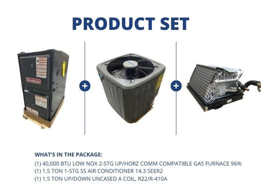 40,000 BTU Low NOx Comm Comp Gas Furnace 96%, 1.5 Ton AC 14.3 SEER2 and 1.5 Ton Up/Down Uncased Coil