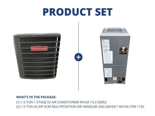 1.5 Ton 1-Stage SS Air Conditioner R410A 14.3 SEER2 with 1.5 Ton AC/HP ECM Multiposition Air Handler