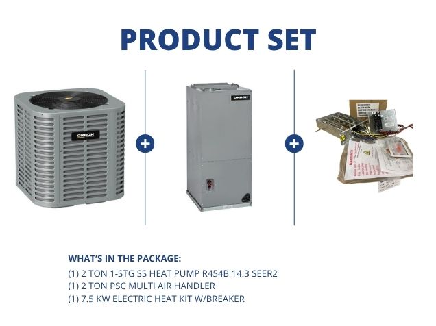 2 Ton 1-Stg SS Heat Pump R454B 14.3 SEER2, 2 Ton PSC Multi Air Handler and 7.5 KW Heat Kit w/Breaker