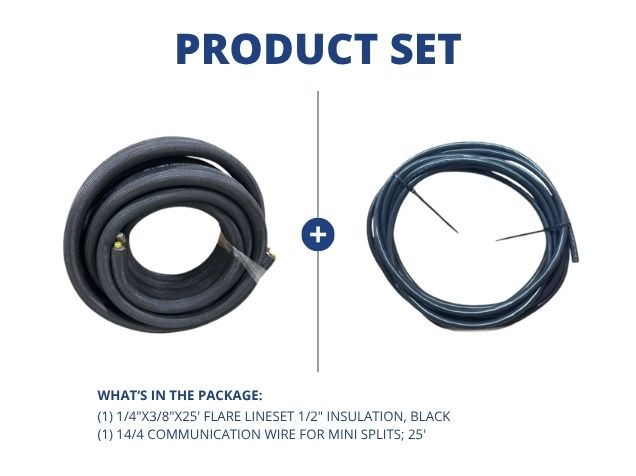 1/4"x3/8"x25' Flare Lineset 1/2" Insulation, Black with 14/4 Communication Wire for Mini Splits; 25'