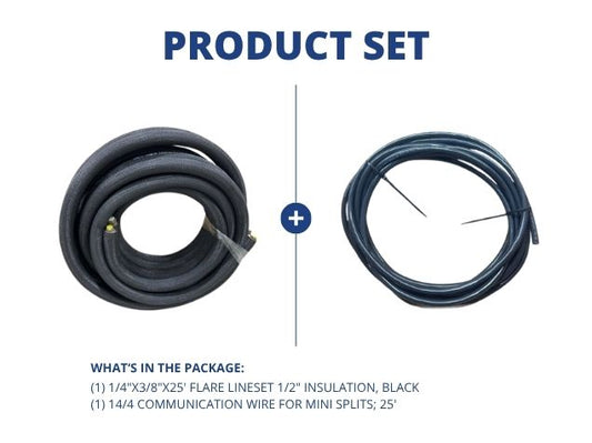 1/4"x3/8"x25' Flare Lineset 1/2" Insulation, Black with 14/4 Communication Wire for Mini Splits; 25'