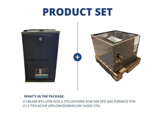 88,000 BTU Low NOx 2-Stg Up/Horz Var Spd Gas Furnace 97% with 3 Ton AC/HP Upflow/Downflow Cased Coil