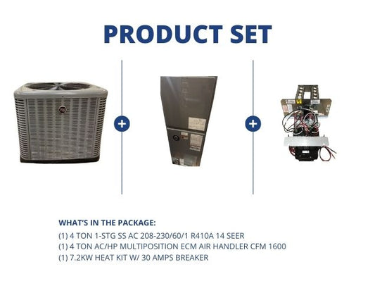 4 Ton 1-Stg SS AC 14 SEER, 4 Ton AC/HP Multiposition ECM Air Handler and 7.2Kw Heat w/30Amps Breaker
