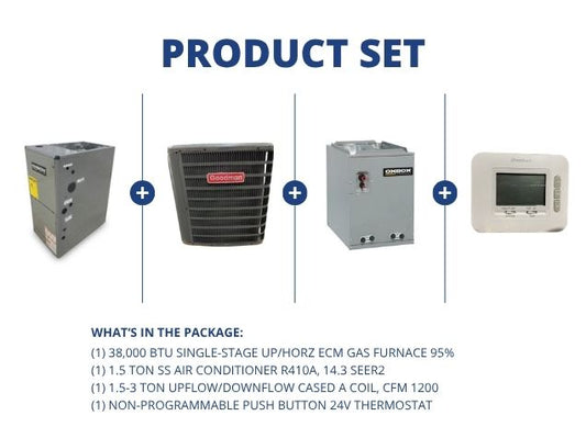 38,000 BTU Up/Horz Gas Furnace 95%, 1.5 Ton AC 14.3SEER2, 1.5-3 Ton Up/Down Cased Coil, Thermostat