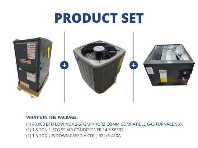 40,000 BTU Low NOx Comm Comp Gas Furnace 96%, 1.5 Ton AC 14.3 SEER2 and 1.5 Ton Up/Down Cased A Coil