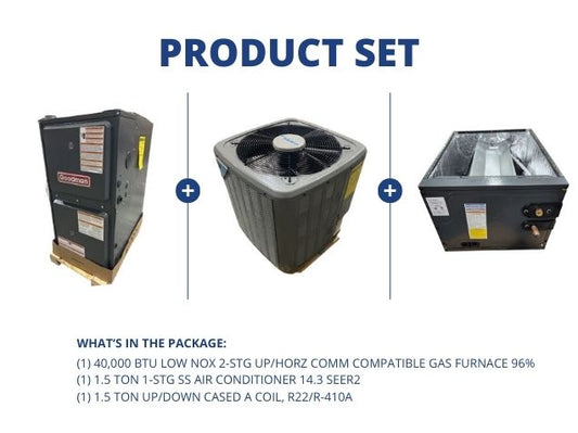 40,000 BTU Low NOx Comm Comp Gas Furnace 96%, 1.5 Ton AC 14.3 SEER2 and 1.5 Ton Up/Down Cased A Coil