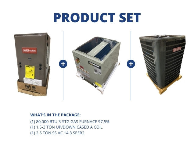 80,000 BTU 3-Stg Gas Furnace 97.5% and 1.5-3 Ton Up/Down Cased A Coil and 2.5 Ton SS AC 14.3 SEER2