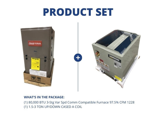 80,000 BTU 3-Stg Var Spd Comm Compatible Furnace; 97.5%, CFM: 1228 w/ 1.5-3 Ton Up/Down Cased A Coil